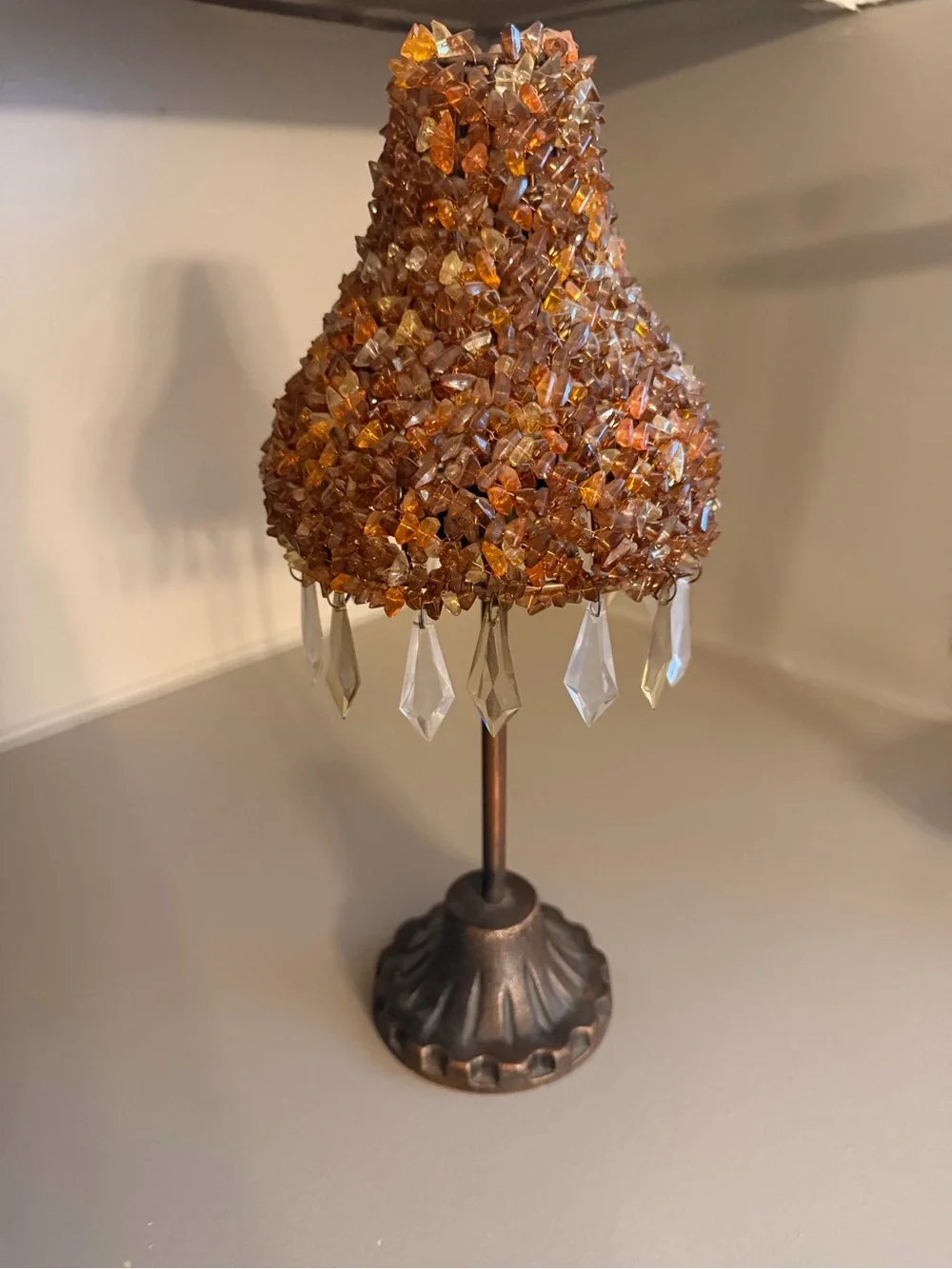 Vintage Handmade Amber Beaded Candle Holder with Crystal Drops